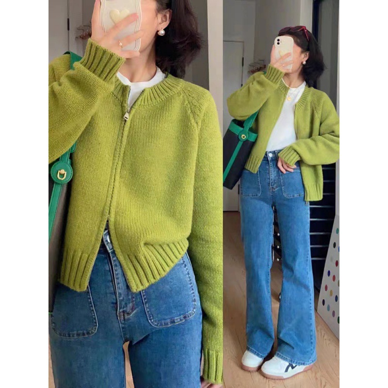 Korean Double Zipper Avocado Green Knitted Cardigan for Outer Wear, Slim and Versatile Short Sweater, Feminine Flesh-Covering Jacket