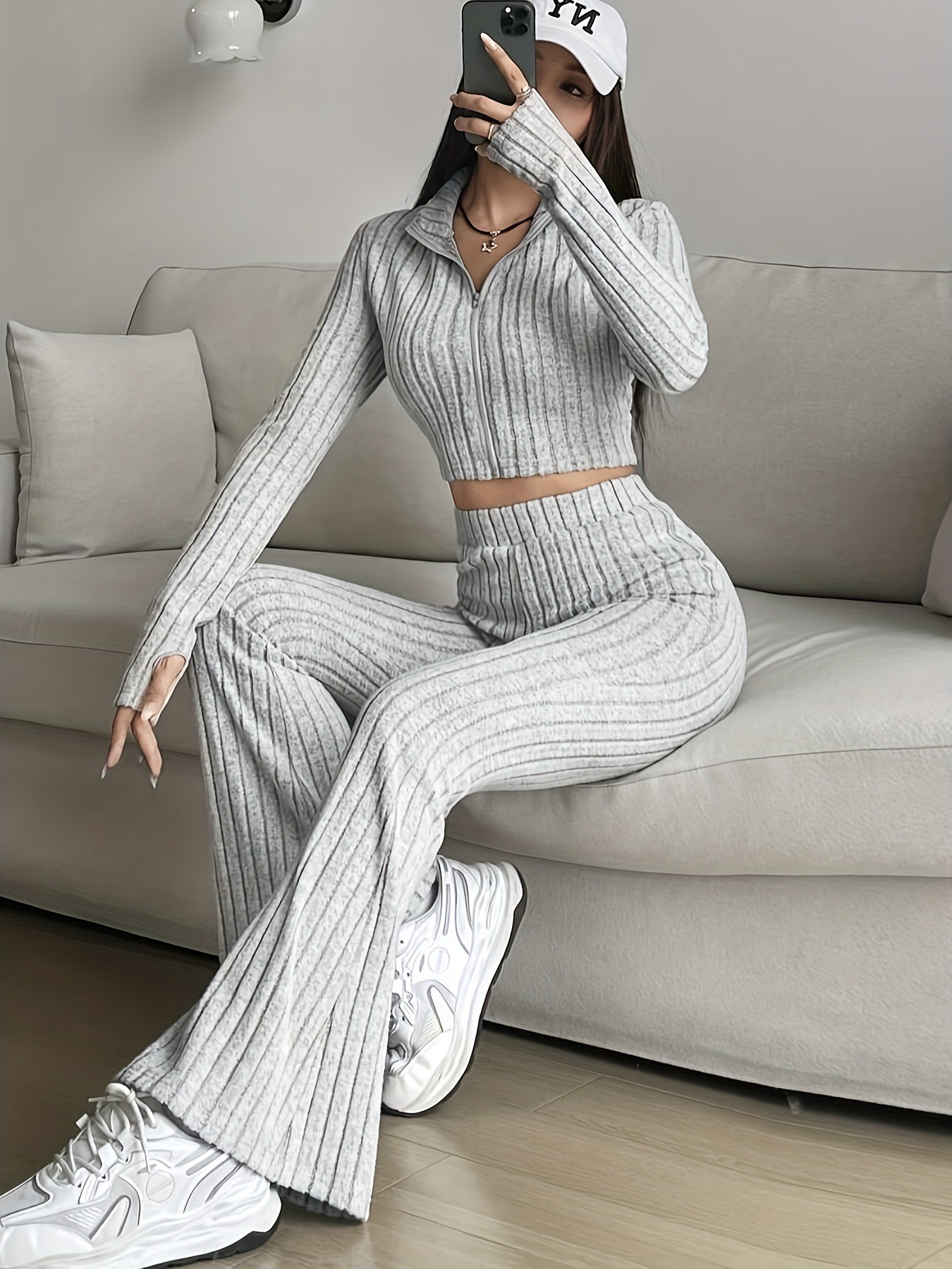 Fashion Solid Color Rib Two-Piece Zipper Long Sleeve Short Top and High Waist Flared Pants suit Women Casual