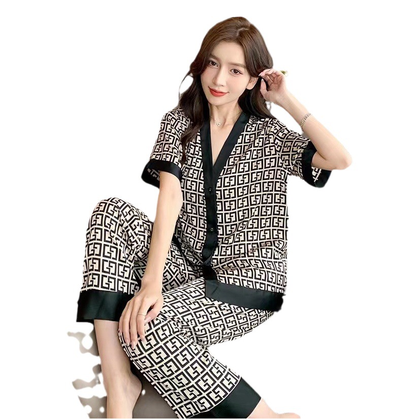 Factory Source 2024 Spring New Women's Short-Sleeve Pajamas with Long Pants, Tiktok Popular Kimono Collar Loungewear Set