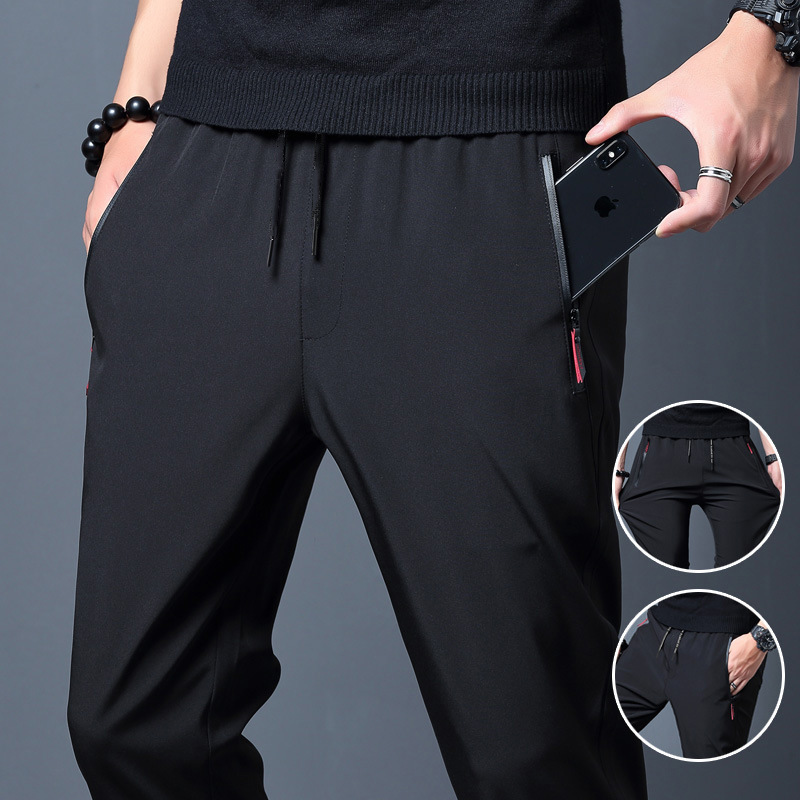 Ice silk pants men's loose zipper straight slim casual pants summer thin pants stretch men's sports Wholesale