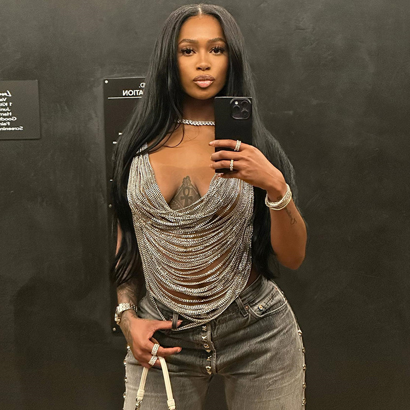 European and American style INS summer new fashion personalized metal chain halter backless sexy hollow women's vest