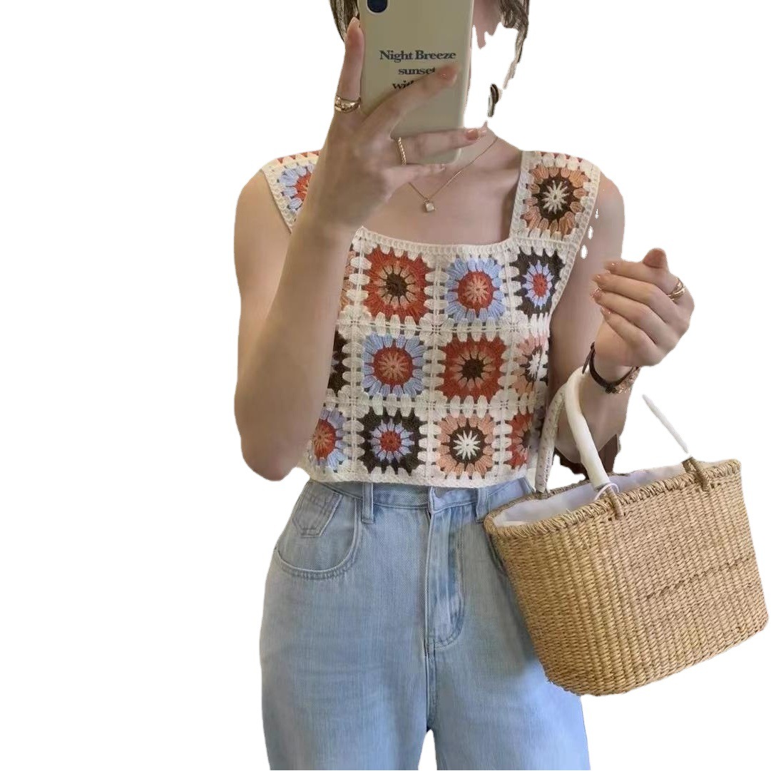Summer New Ethnic Style Embroidered Color Knitted Vest Women's Hollow Blouse Short Retro Outer Wear Sling Top