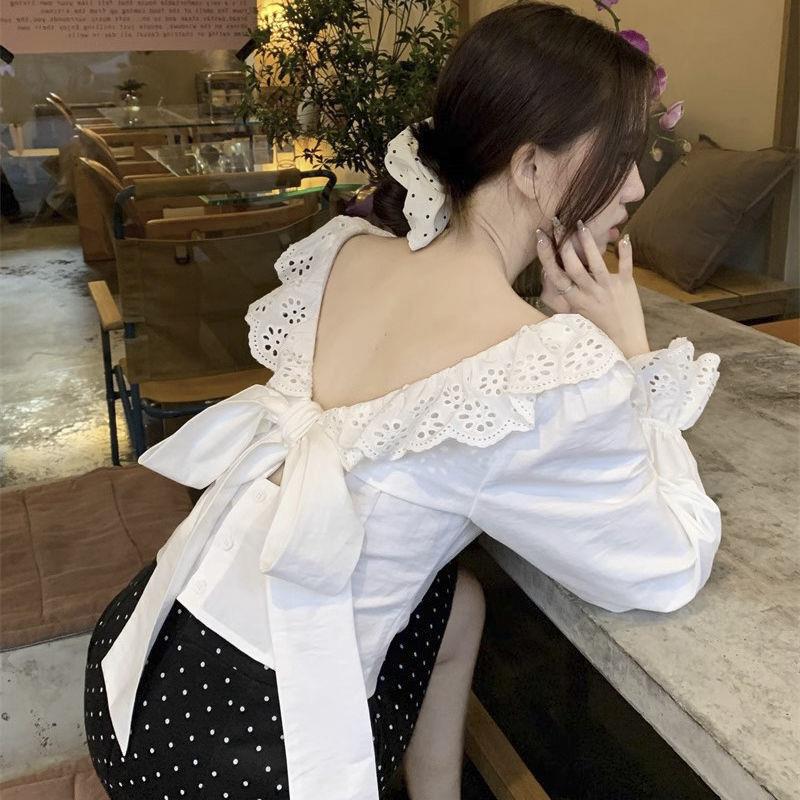 French Backless Bow White Shirt Women's Spring Design Ruffled Long Sleeve Shirt Chic Short Top