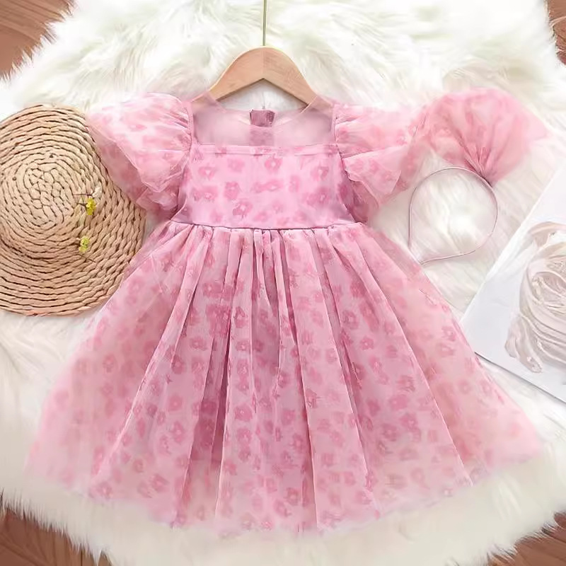 Girls' Summer Princess Dress 2024 New Baby's Short-sleeved Western Style Children's Summer Fairy Floral Shaped Yarn Dress