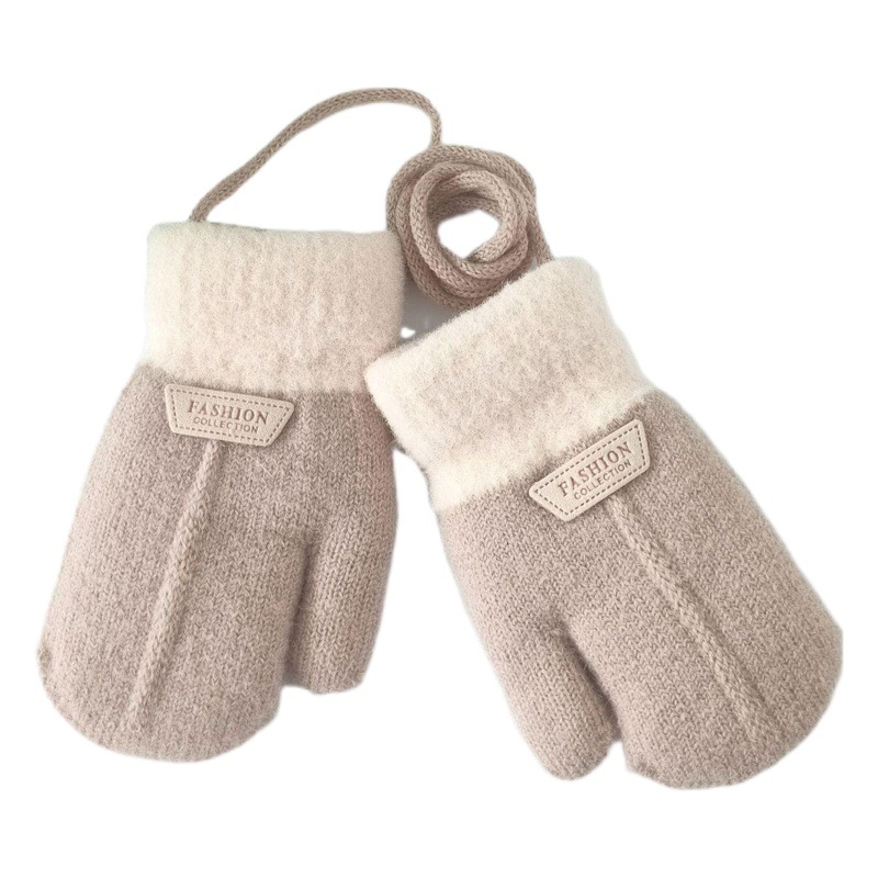 Autumn and winter children's gloves hanging neck fleece-lined thickened children's gloves girls outdoor cold warm knitted gloves wholesale