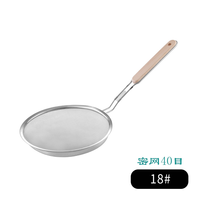 Picture of 201 stainless steel colander wooden handle punching oil grid 40 mesh flour sieve baking tools Kitchen Dumpling fishing filter