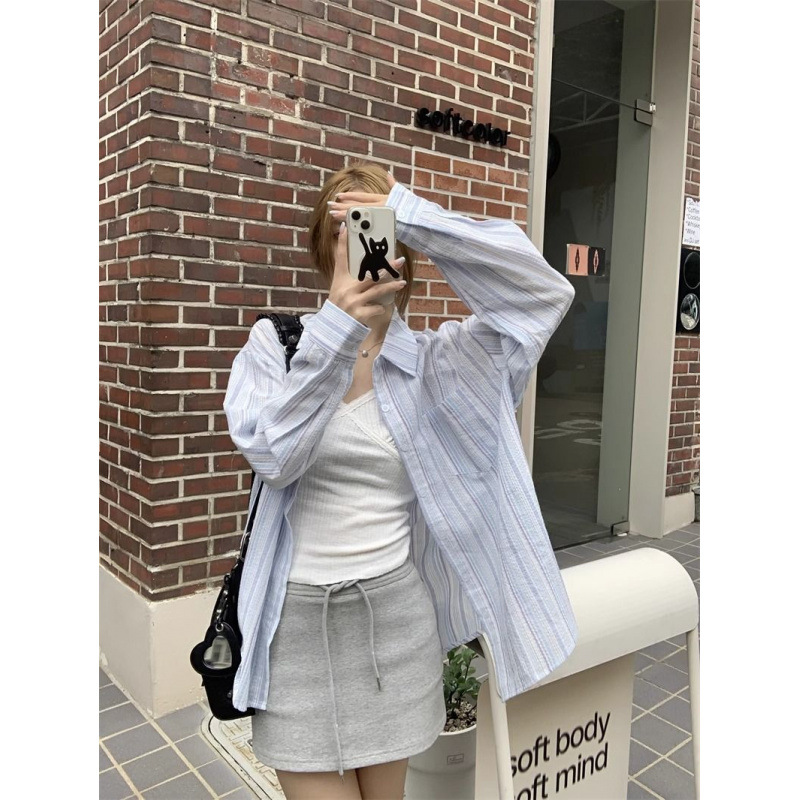 Blue Striped Sunscreen Shirt Thin Shirt Outer Wear Women's Spring Loose Lazy Long-sleeved Cardigan Coat Top