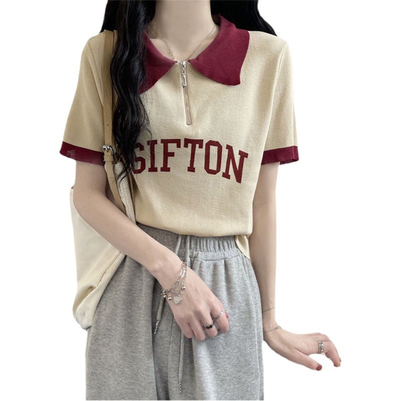 Contrast Lapel Pullover Zipper Short-sleeved Sweater Women's Summer Slimming All-match Short Sweet Top Women's Trendy Shirt