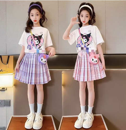 Girls Korean Summer Suit 2024 New Zhongtong Cartoon Printed Top Short-Sleeved Pleated Skirt Two-Piece Set
