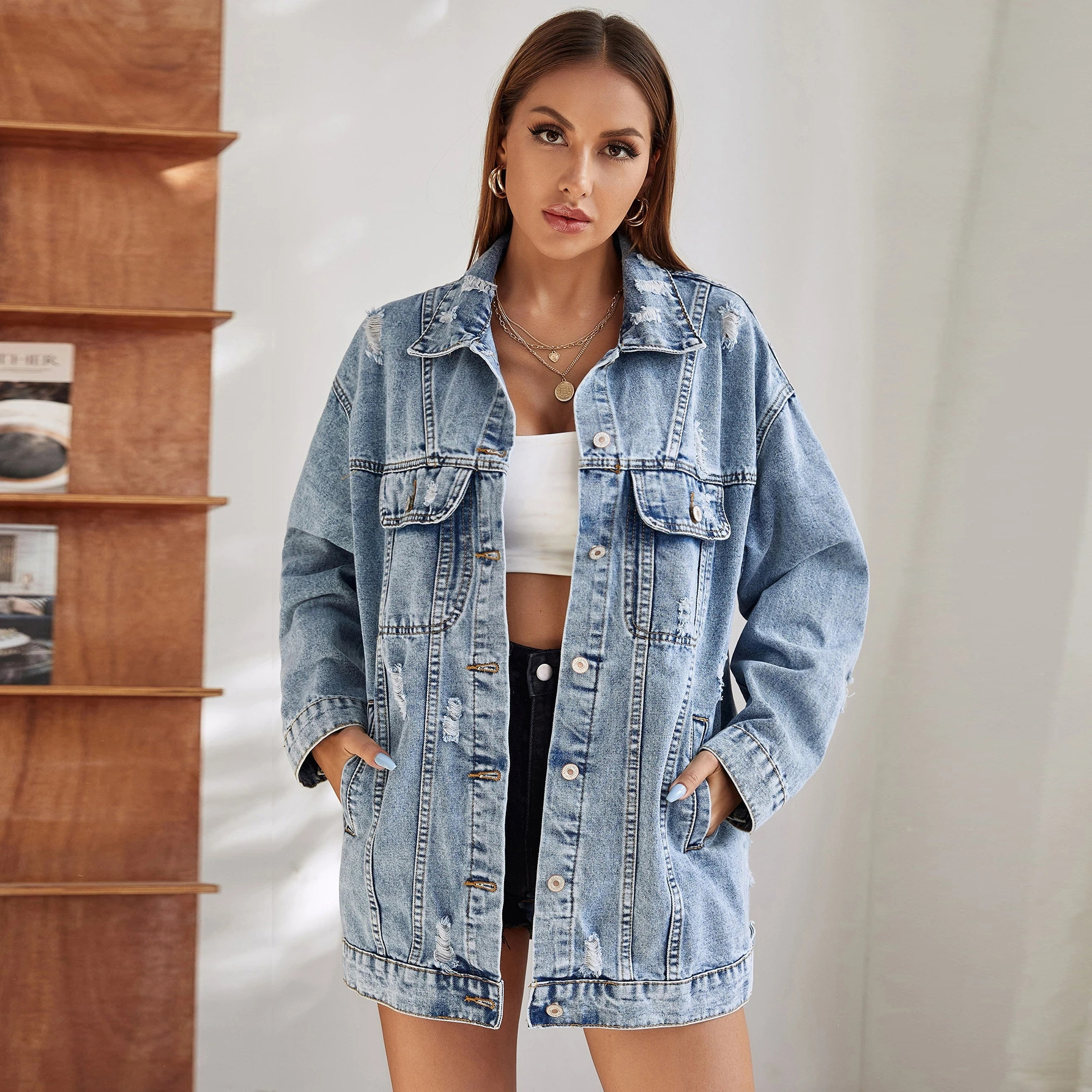High-end women's Coat loose Denim jacket spring and autumn long hole distressed Denim jacket