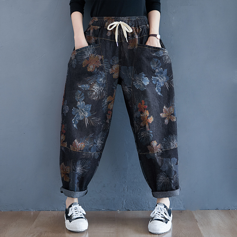 2024 New Autumn and Winter Literary Retro Printed Denim Carrot Pants for Women Loose Simple Drawstring Elastic Waist Pants