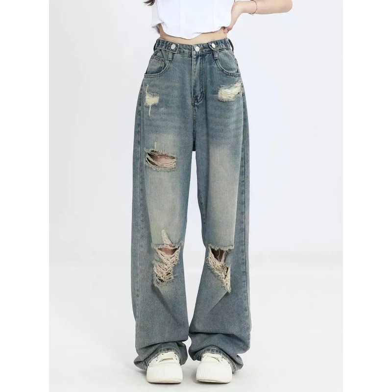 American Retro Ripped Jeans for Women, High-waisted, Straight-leg, Loose, Slim Design, High-street, Wide-leg Floor-length Pants