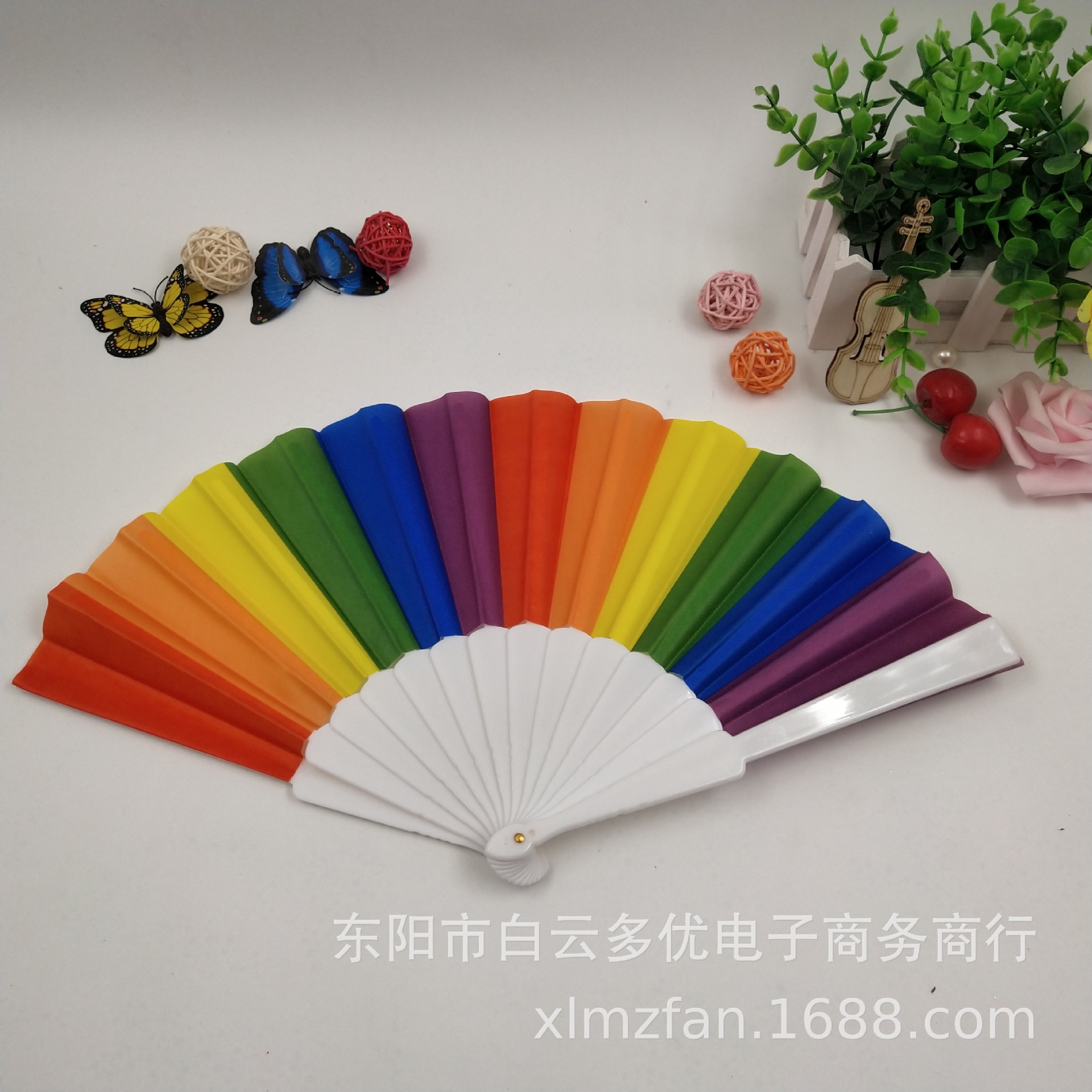 Picture of White Rod Rainbow Folding Fan Plastic Fan Rainbow Bl Fan Women Men Advertising Fan Wholesale Domestic Handheld Folding Fan
