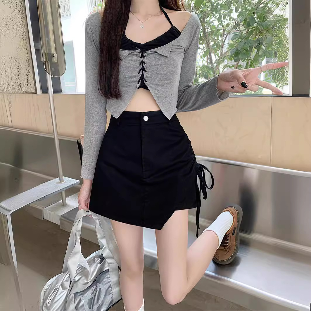 2025 Elastic Shorts for Women, New Summer Style, Irregular Drawstring Half Skirt, High-Waisted Slimming Hip-Hugging Skort