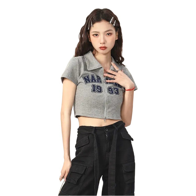 Grey Polo Collar Shirt Short-sleeved T-shirt Women's Summer American Style Retro Short High Waist Hot Girl Cardigan Half-sleeved Top Ins