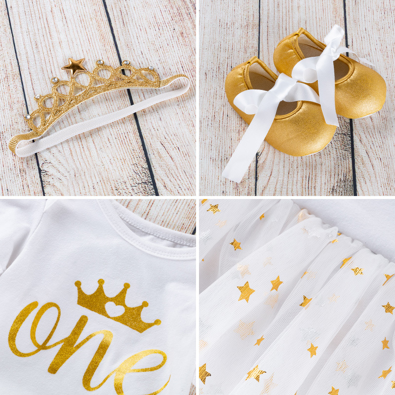 Picture of Amazon Children's Clothing Children's Dress Baby's Holiday White Dress Three-Piece Set Baby One-Year-Old Dress Pouchsuit Set