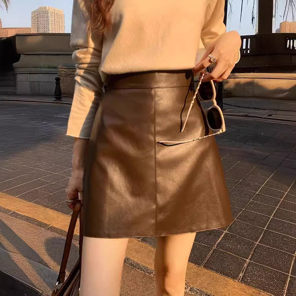 Black Skirt Women's 2025 Autumn and Winter New All-match High Waist Slimming Elegant PU Leather Hip Skirt