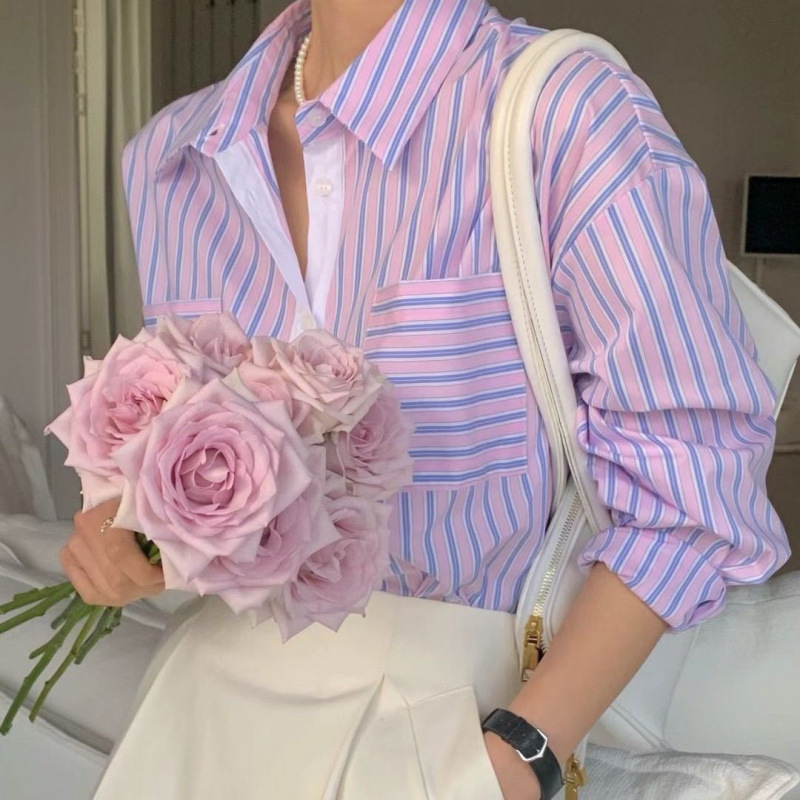 South Korea New 2025 Spring Elegant Lapel Door Loose Top Design Long Sleeve Striped Shirt for Outer Wear