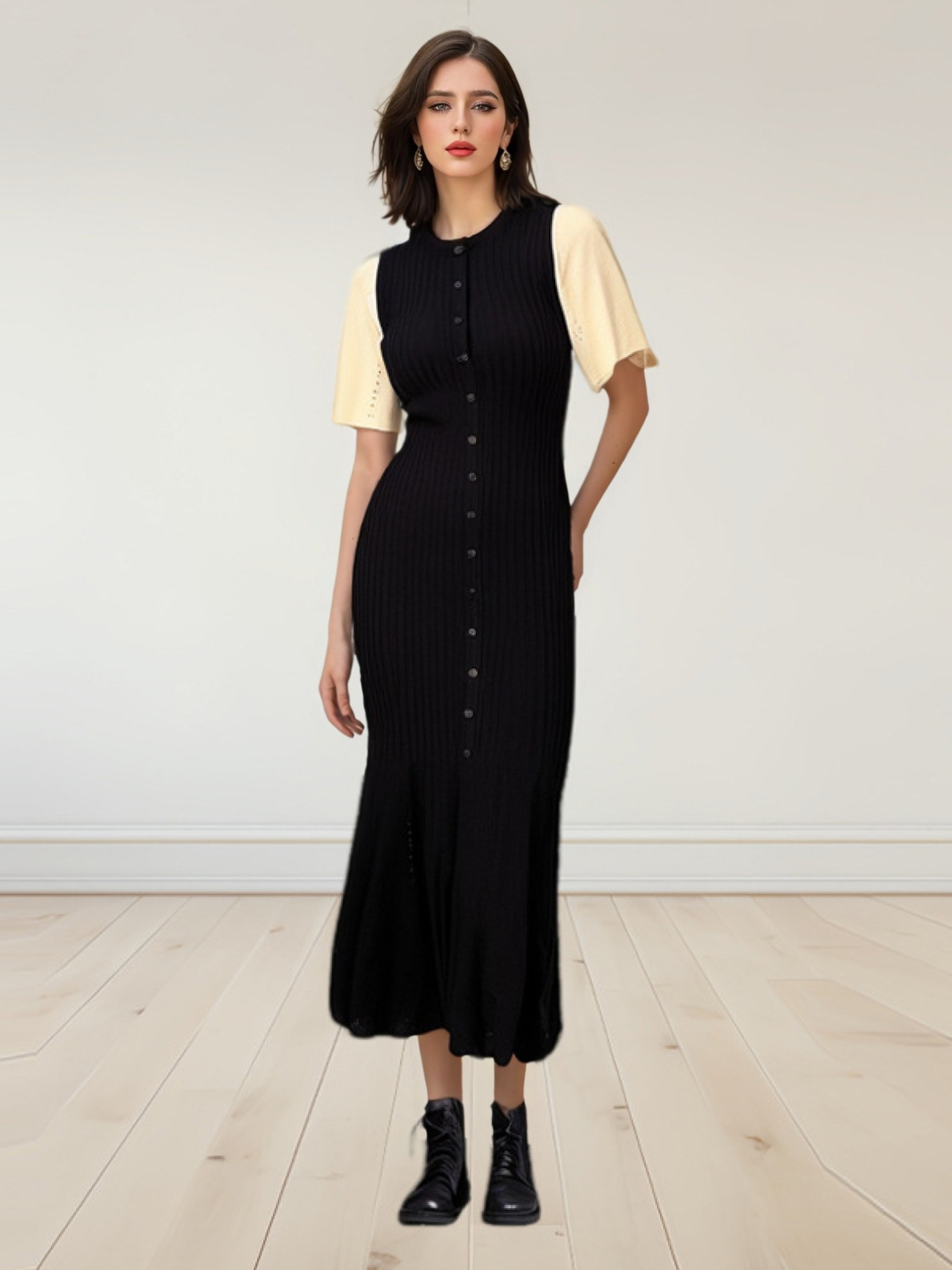2025 Export Women's Round Neck S Button Dress Summer Slim Waist Knitted Skirt Elegant Bell Sleeve Long Skirt