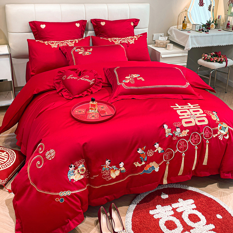 Picture of High-end Chinese Dragon and Phoenix Embroidery Fashion Wedding Four-piece Wedding Big Red Bed Sheet Quilt Cover Accompanying Bedding