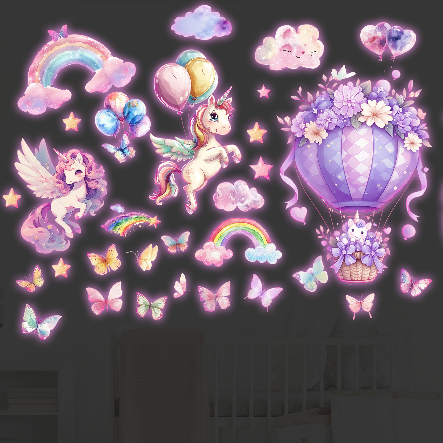 Amazon Luminous Wall Sticker Cartoon Unicorn Cloud Rainbow Hot Air Balloon Butterfly Children's Room Kindergarten Wall Sticker