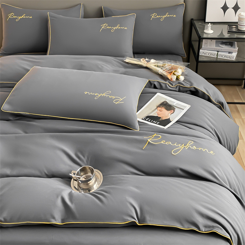 Picture of Solid color double four-piece set of style bed sheets home light luxury quilt cover washed cotton embroidered letter quilt cover three-piece set