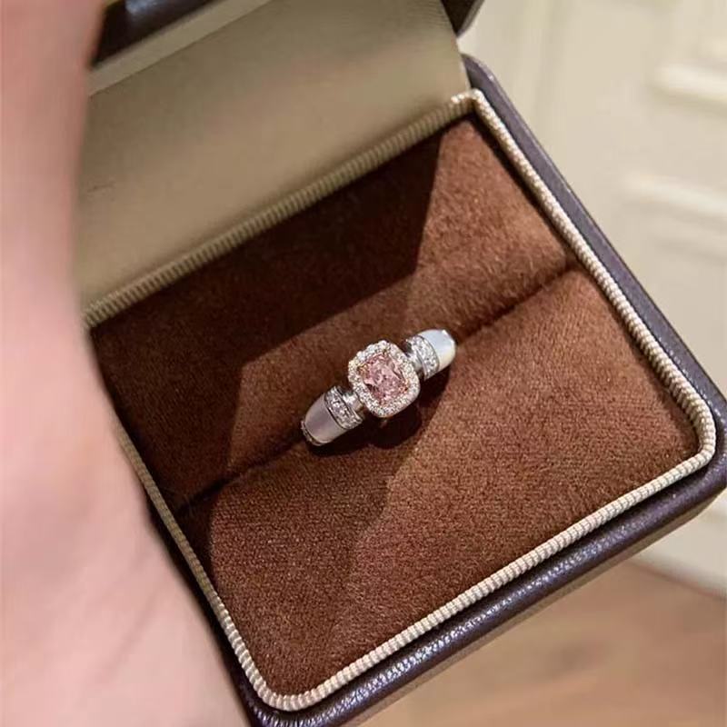 Natural Shell Pink Diamond Ring for Women Niche Design Light Luxury High-End Versatile Open Adjustable Ring