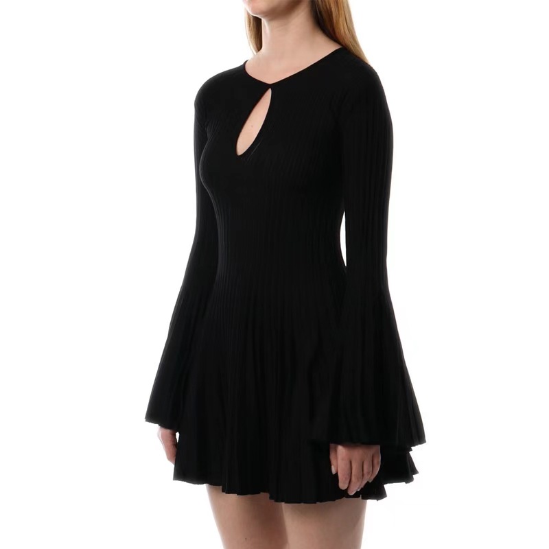 Cross-Border French Women's Flared Long-Sleeved Knitted Dress Autumn and Winter A-Line Skirt Bottoming Skirt Slim Waist Skirt