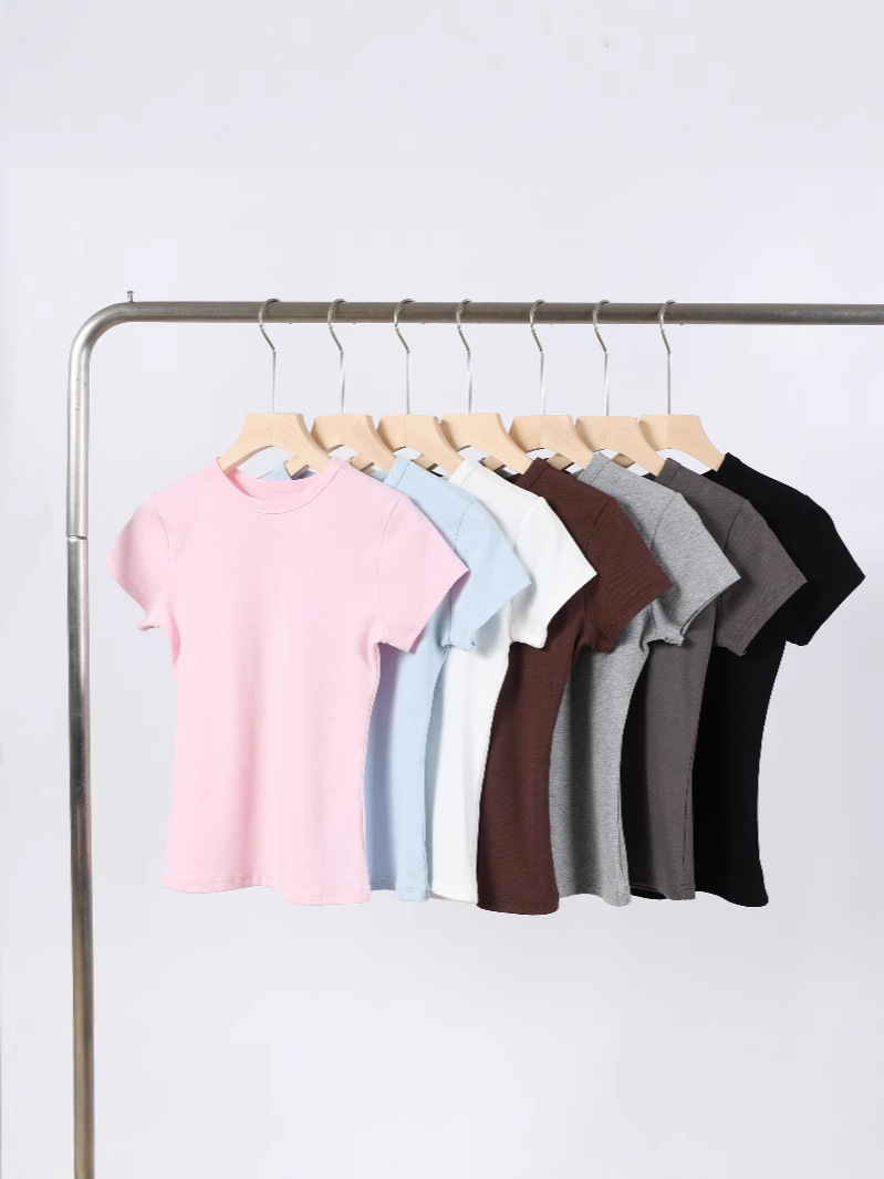 Picture of Spot Basic Elastic Modal Right Shoulder Women's Slim Sports Top American Sexy Hourglass Waist Short-Sleeved T-Shirt