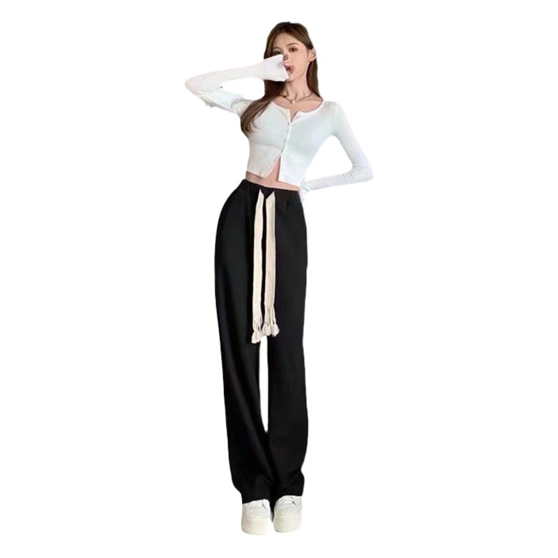 Drawstring Sports Pants Women's Spring and Autumn High Waist Wide Leg Pants Loose Straight Lazy Walking Pants Casual Sweatpants