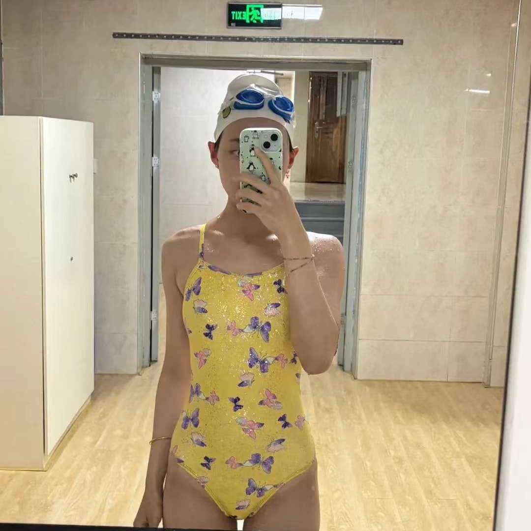 2025 Korean Style New Sexual Beautiful Back Sweet Butterfly Bronzing Professional Racing Swimming Pool Training one-piece Swimsuit for Women