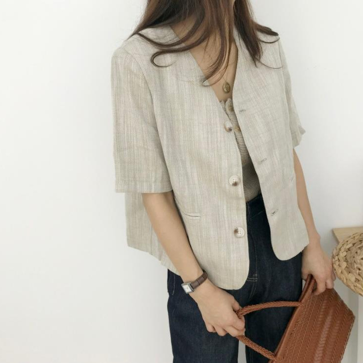 Picture of Korean Ins Short Small Suit Tops for Women 2024 Summer New Cotton and Linen Loose Short-Sleeved Tops Jacket
