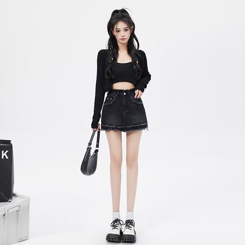 2024 Summer Large Size Waist Fur Retro Hip Denim Skirt A- line Skirt Anti-glare Short Skirt Hot Girl