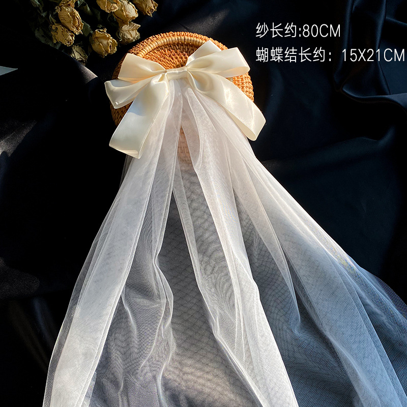 Picture of 2024 New Arrival Bow Veil Super Fairy Wedding Travel Photo White Satin Mesh Hairpin Bridal Hair Accessories