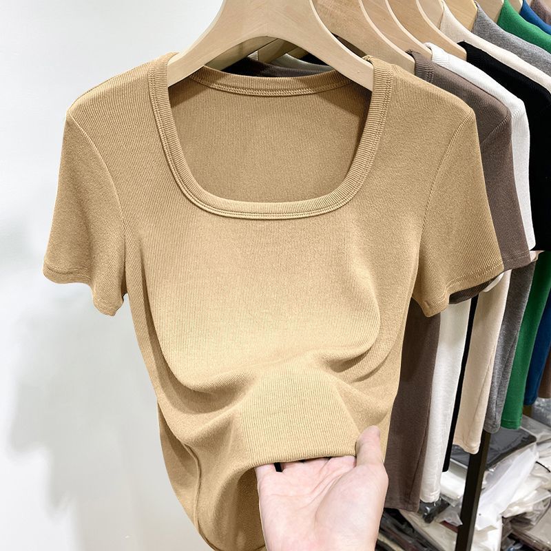 Modal Square Collar Short-sleeved T-shirt Women's 2023 New Summer Low Collar Thread Base Shirt Inner Slim-fit Top ins