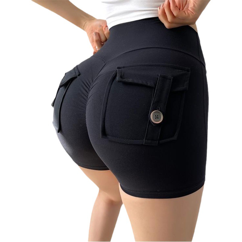 Peach Hip Tooling Tight Shorts Women's High Waist Elastic Hip Button Yoga Pants Quick-drying Running Fitness Pants 8019