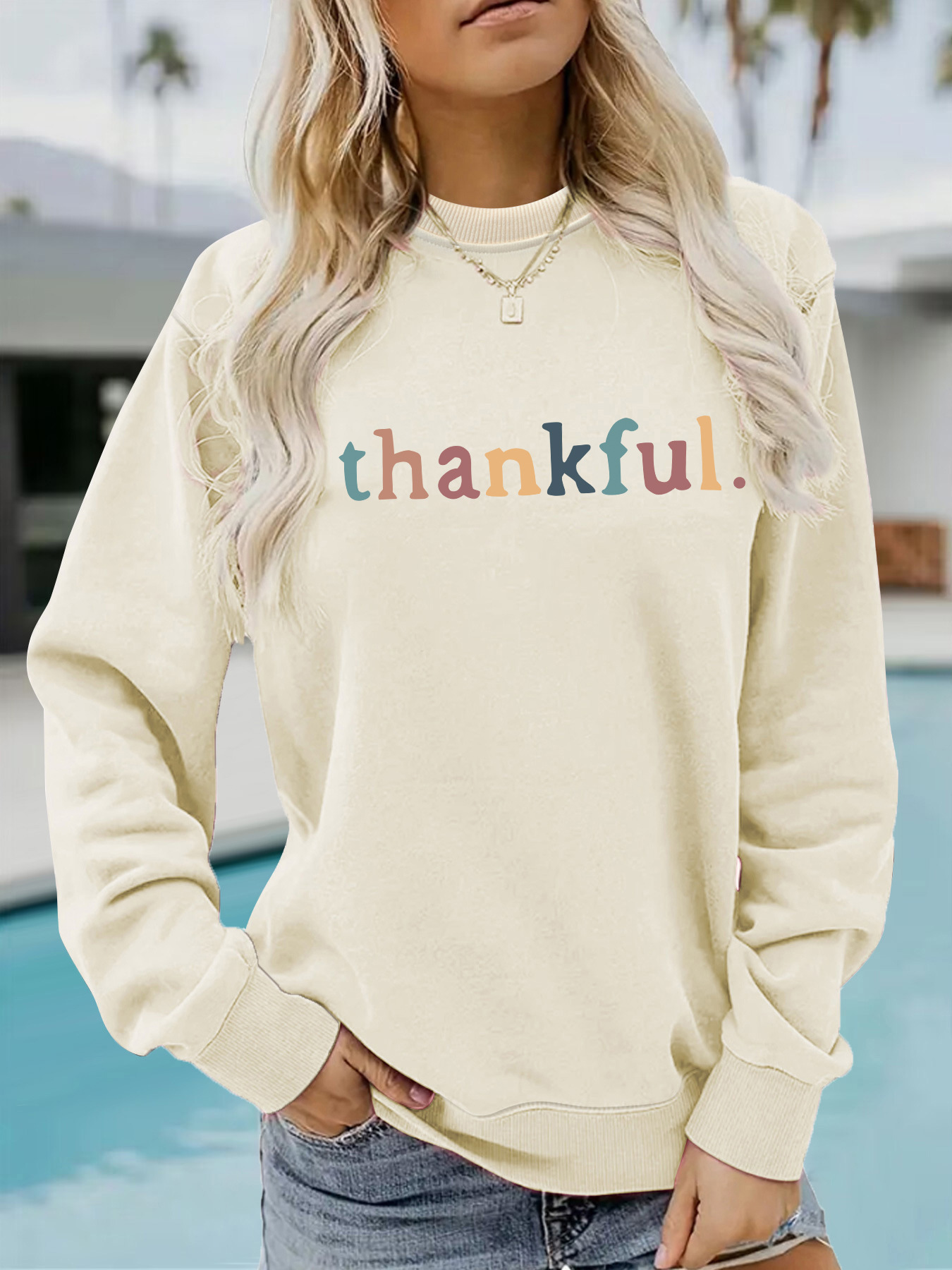 Picture of Europe and the United States cross-border autumn and winter women's casual long sleeve round neck thankfol printed pullover sweatshirt sweater wholesale