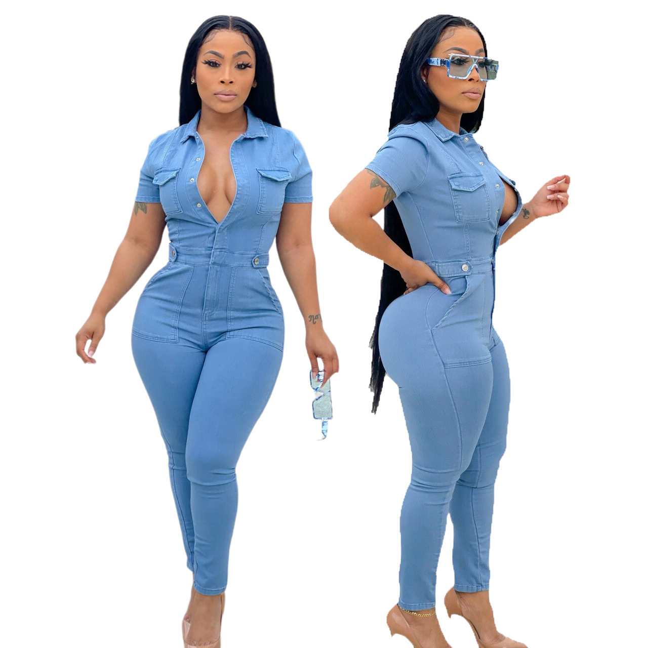 Cross-Border Amazon Aliexpress New European and American Casual Fashion Denim Women's Slim Jumpsuit