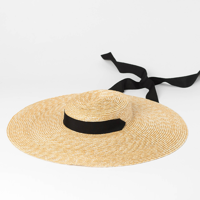 European and American style flat top big eaves strap straw hat fashion stage catwalk shallow top straw hat beach straw hat