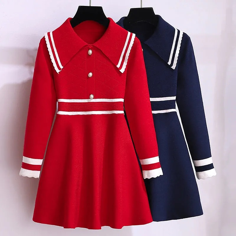 Picture of Girls' Autumn Dress New Style Children's Spring and Autumn Doll Collar Sweater Dress Children's College Style Knitted Skirt Trendy
