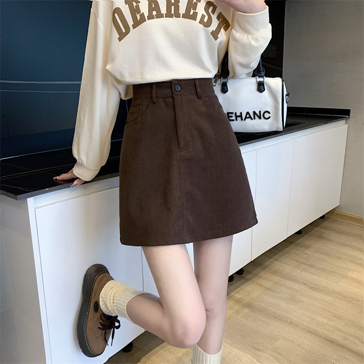 Vintage Corduroy brown Skirt Women's Autumn and Winter New Maillard High Waist A- line Hip Short Skirt