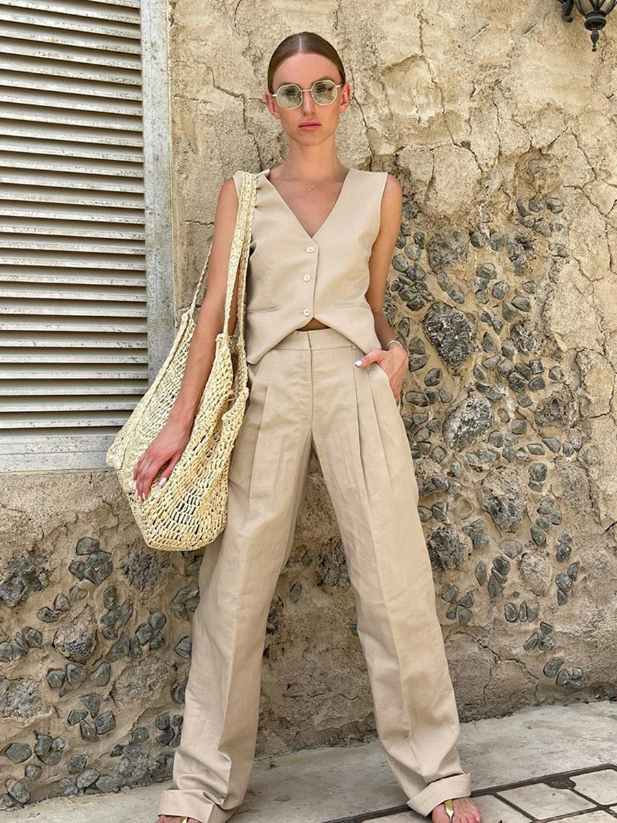 European and American Street Style Cotton and Linen Sleeveless Vest Straight Pants Two-Piece Set for Women 2024 Autum New Cross-Border Fashion Suit
