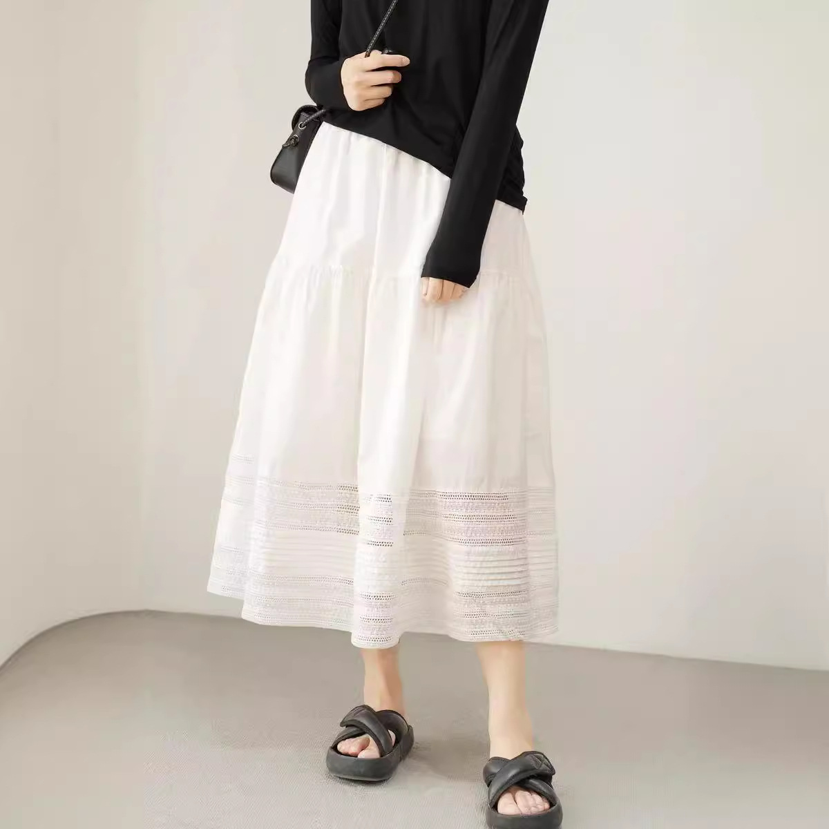 Commuting Elegant Solid Color Cotton and Linen Skirt Women's 2024 Summer New Embroidery Hollow Stitching A- line Large Umbrella Skirt