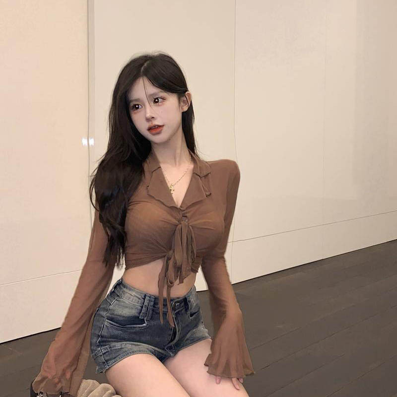 Lace-Up See-Through Mesh Long-Sleeved Shirt for Women 2025 New Seaside Vacation Slim Design Cardigan Short Top