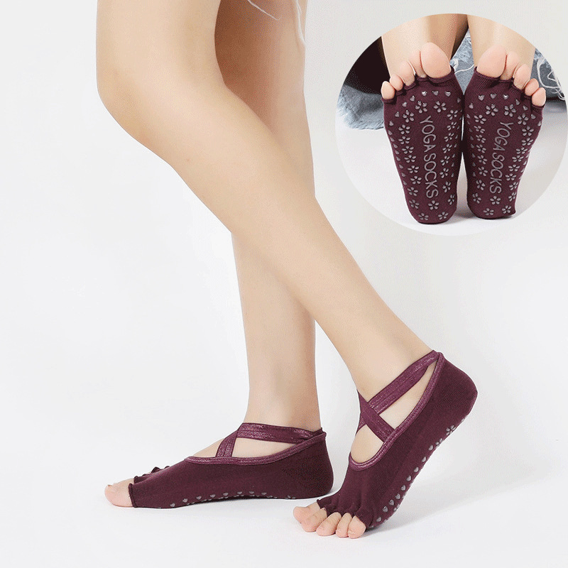 Yoga socks women's dispensing non-slip breathable cross strap open toe open back practice full toe short socks cotton summer snow flower