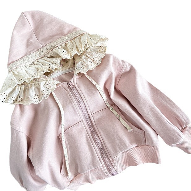 Picture of Girls Korean Style Outwear 2025 New Kidsren's Spring & Fall Pastoral Cute Versatile Hooded Lace Knitted Sweatshirt