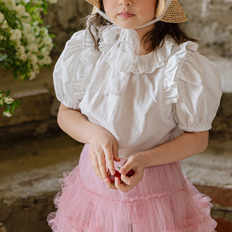 Picture of Ins Style Korean Style Summer Clothes for Infants and Young Children, Lace Puff Sleeve Tops, Fashionable and Trendyy Versatile Simple Shirts for Baby Girls