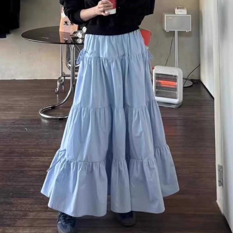 French Stitching Ruffled Long High Waist Elapse All-Match Skirt Princess Style Solid Color A- line Large Cake Skirt