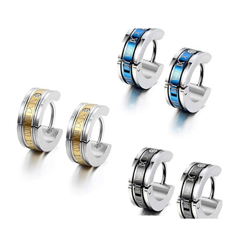 Fashionable Korean Style Electric Diamond Earrings Roman Numeral Titanium Steel Men's Earrings Niche Stylish Punk Ebay Jewelry