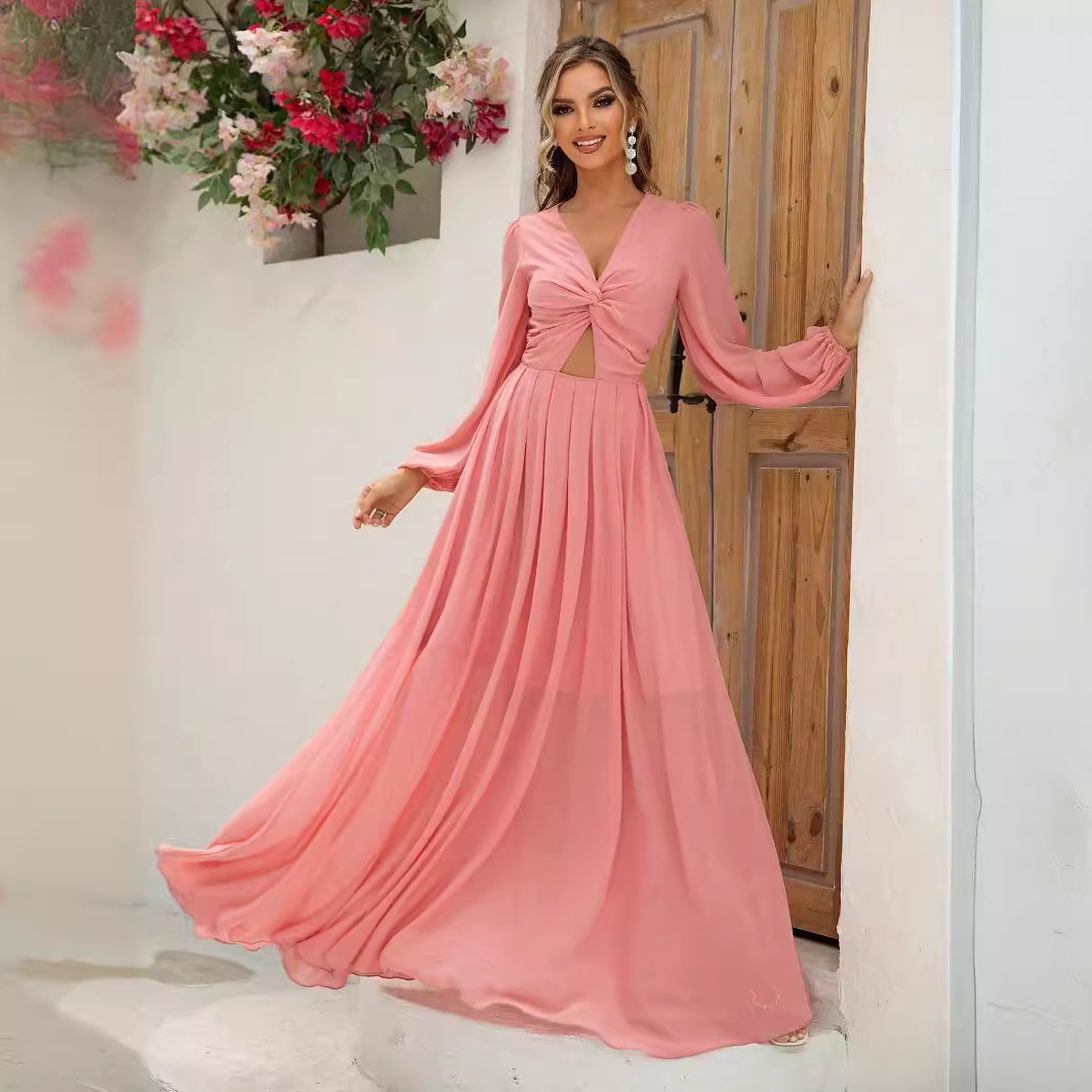 High-end women's wear small French high-end skirt kink hollow lantern sleeve large dress